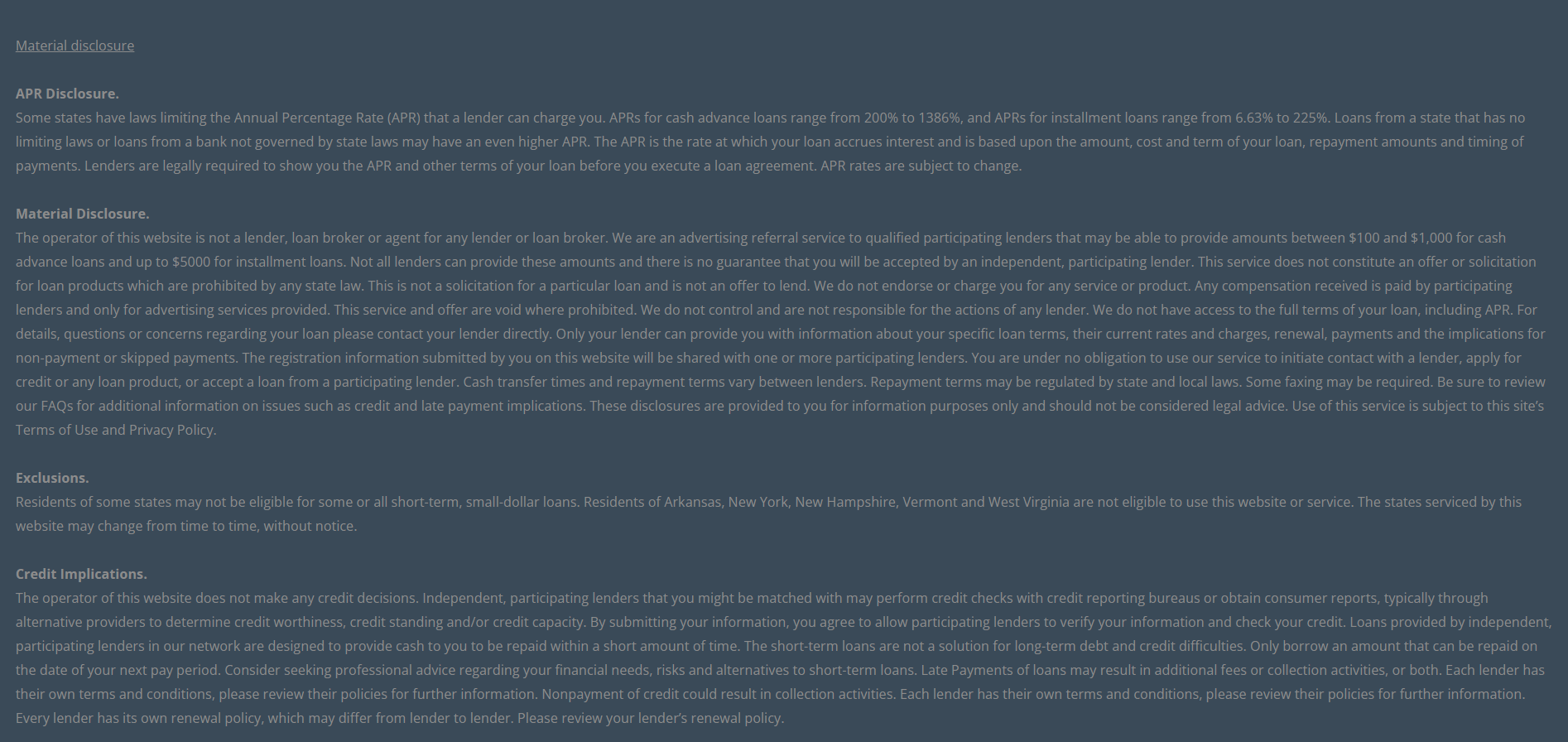 Material disclosure for payday loans in Richardson Texas